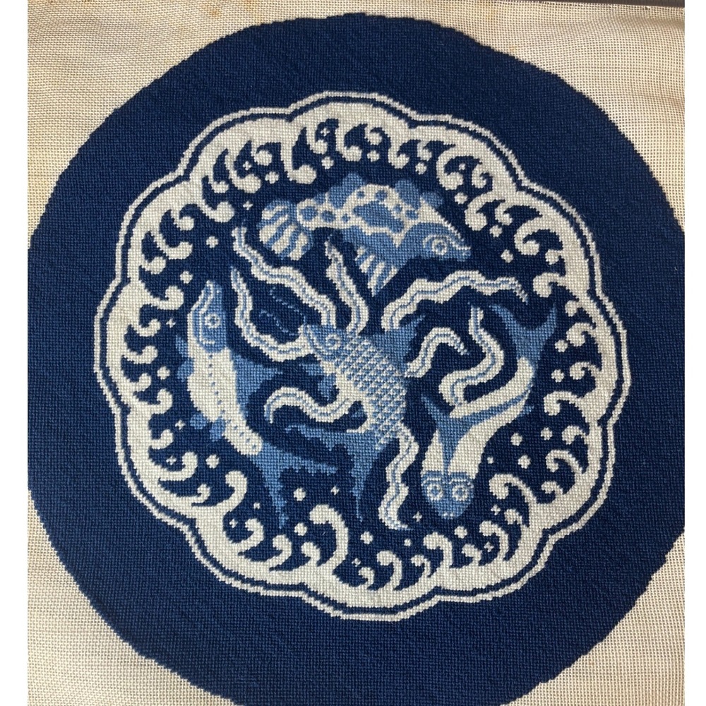 Vintage Hand Stitched Needlepoint Canvas Blue White Koi Fish Medallion
